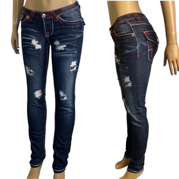 Y2K True religion Jeans Urban Cow Bill Big T Distress Skinny green Blue Size 28 - Picture 15 of 16